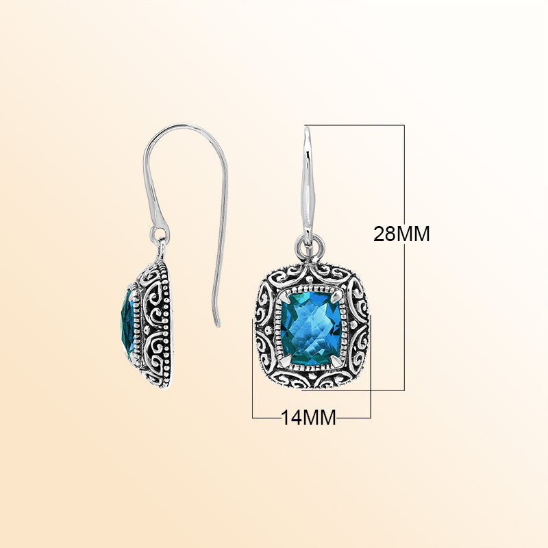Elegant Sterling Silver Cushion London Blue Topaz Quartz Earrings With Ornate Balinese Scroll Framing