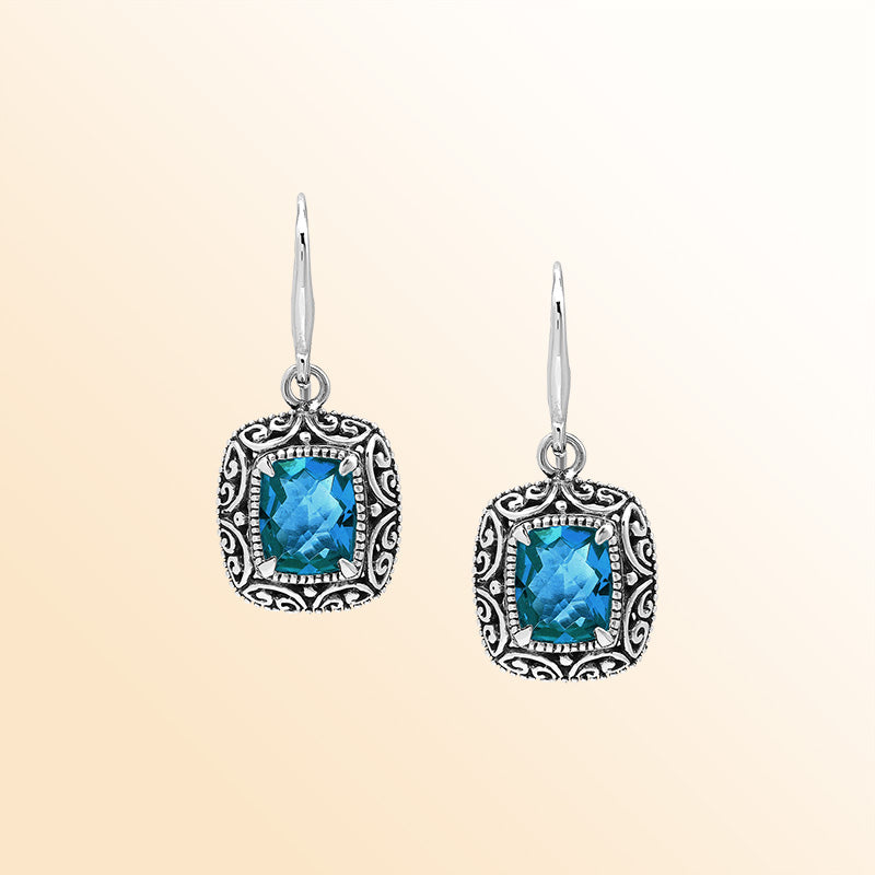 Elegant Sterling Silver Cushion London Blue Topaz Quartz Earrings With Ornate Balinese Scroll Framing