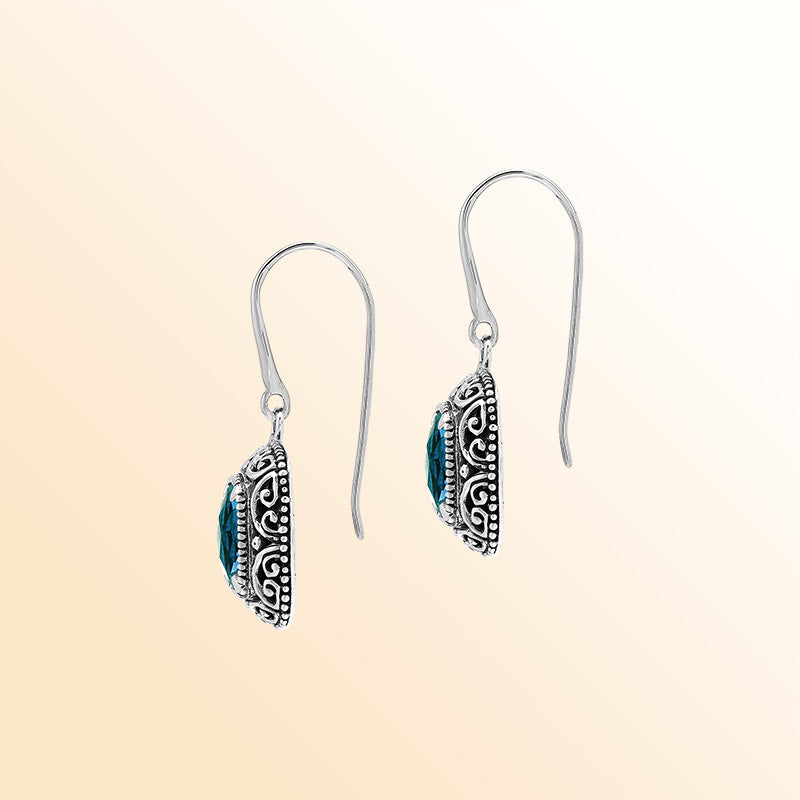 Elegant Sterling Silver Cushion London Blue Topaz Quartz Earrings With Ornate Balinese Scroll Framing