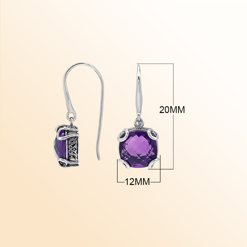 Elegant Sterling Silver Round Amethyst Quartz Earrings With Artistic Scroll Prongs And Engraved Sides