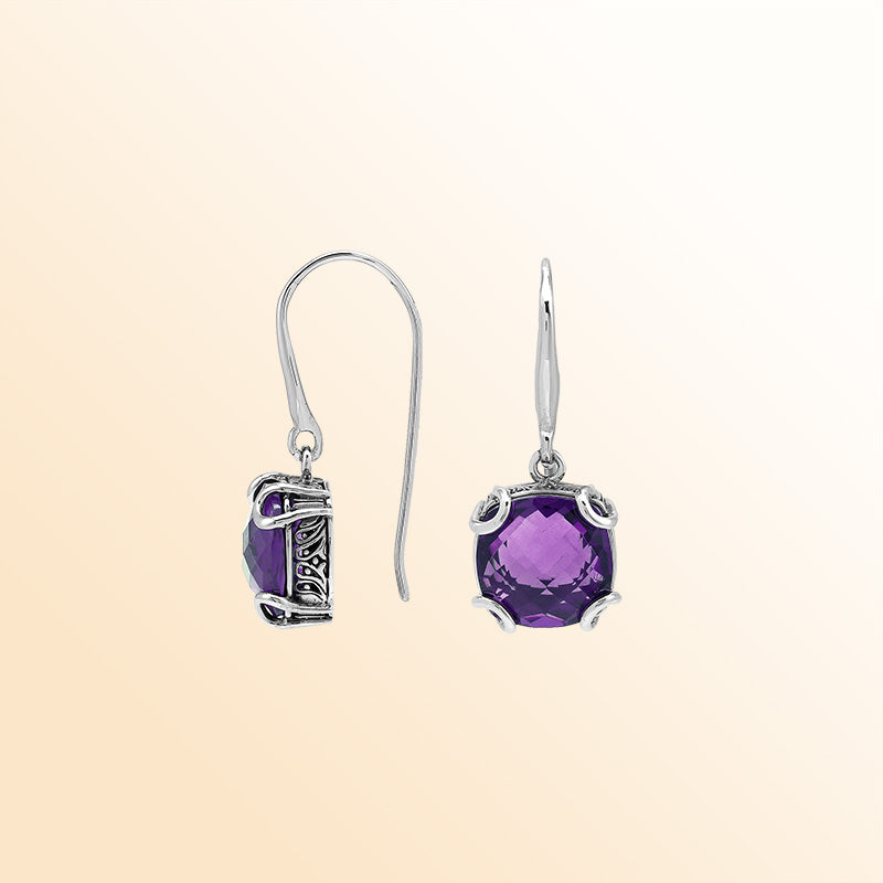 Elegant Sterling Silver Round Amethyst Quartz Earrings With Artistic Scroll Prongs And Engraved Sides