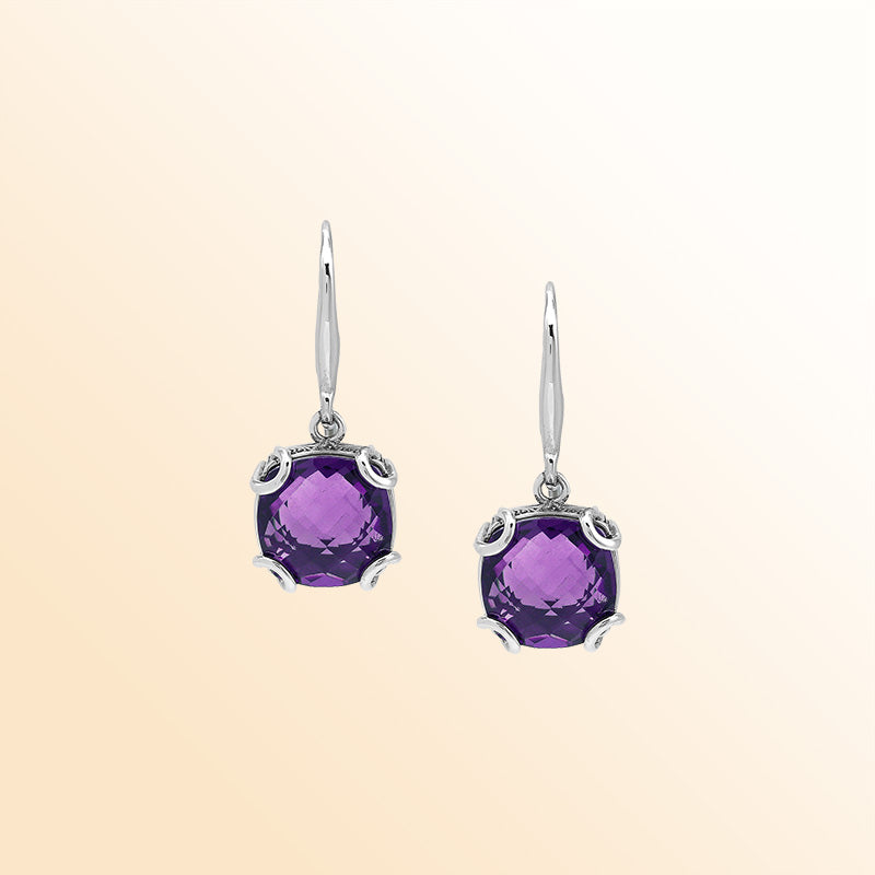 Elegant Sterling Silver Round Amethyst Quartz Earrings With Artistic Scroll Prongs And Engraved Sides