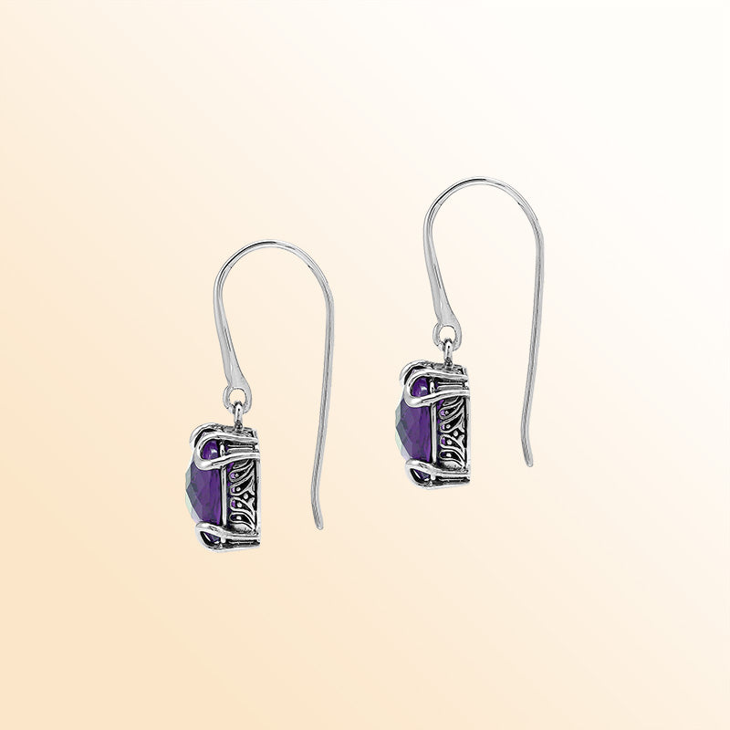 Elegant Sterling Silver Round Amethyst Quartz Earrings With Artistic Scroll Prongs And Engraved Sides