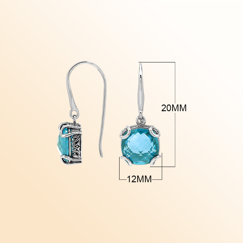 Elegant Sterling Silver Round Blue Topaz Quartz Earrings With Artistic Scroll Prongs And Engraved Sides