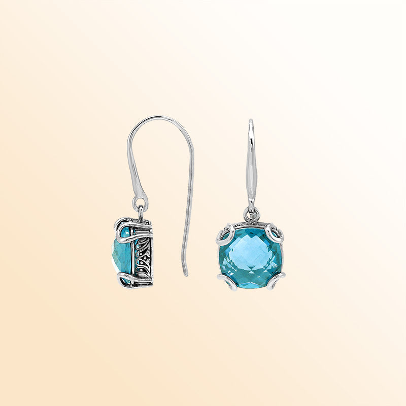 Elegant Sterling Silver Round Blue Topaz Quartz Earrings With Artistic Scroll Prongs And Engraved Sides
