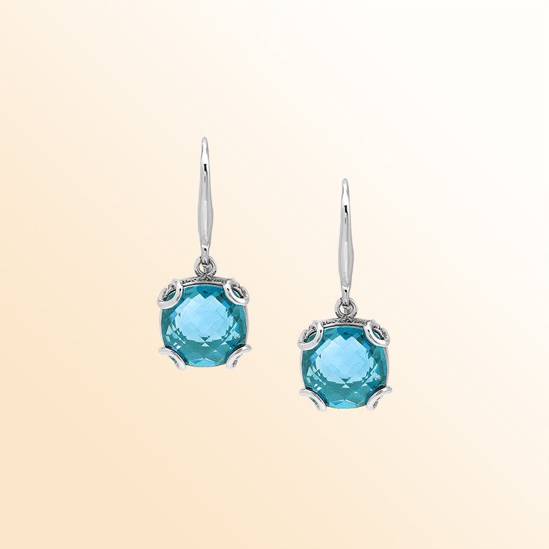 Elegant Sterling Silver Round Blue Topaz Quartz Earrings With Artistic Scroll Prongs And Engraved Sides