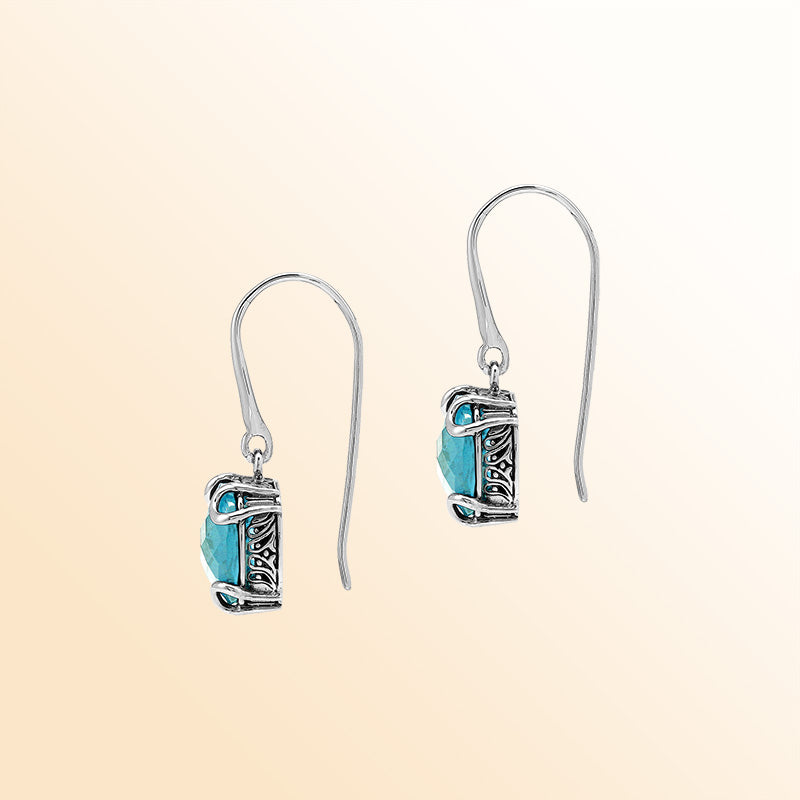 Elegant Sterling Silver Round Blue Topaz Quartz Earrings With Artistic Scroll Prongs And Engraved Sides