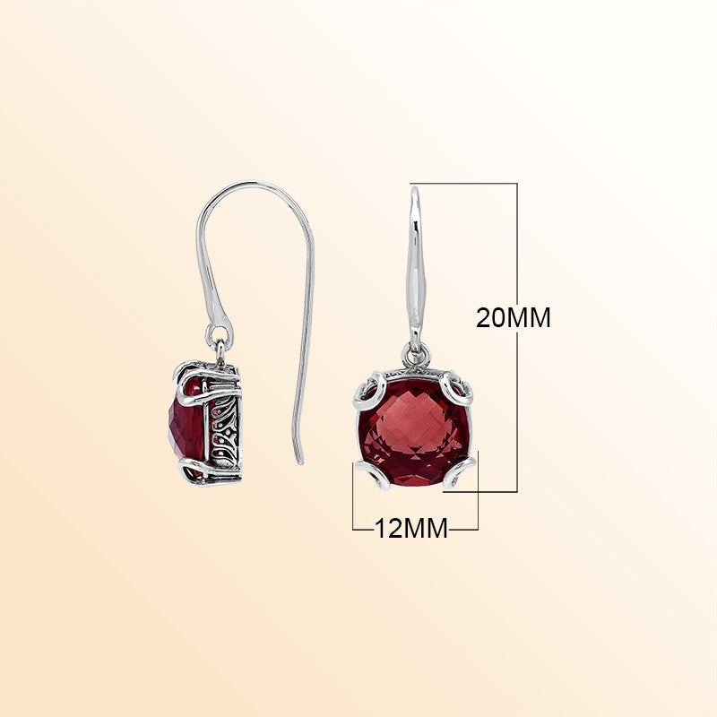 Elegant Sterling Silver Round Garnet Quartz Earrings With Artistic Scroll Prongs And Engraved Sides