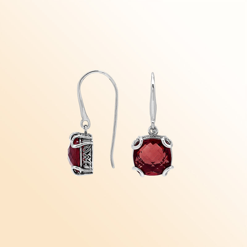 Elegant Sterling Silver Round Garnet Quartz Earrings With Artistic Scroll Prongs And Engraved Sides