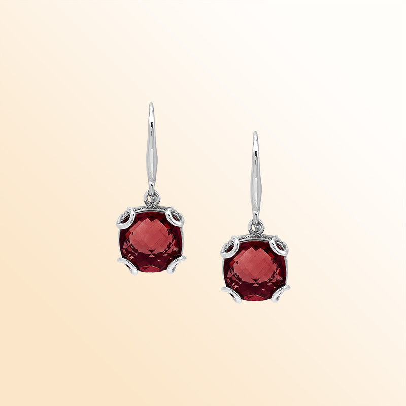 Elegant Sterling Silver Round Garnet Quartz Earrings With Artistic Scroll Prongs And Engraved Sides