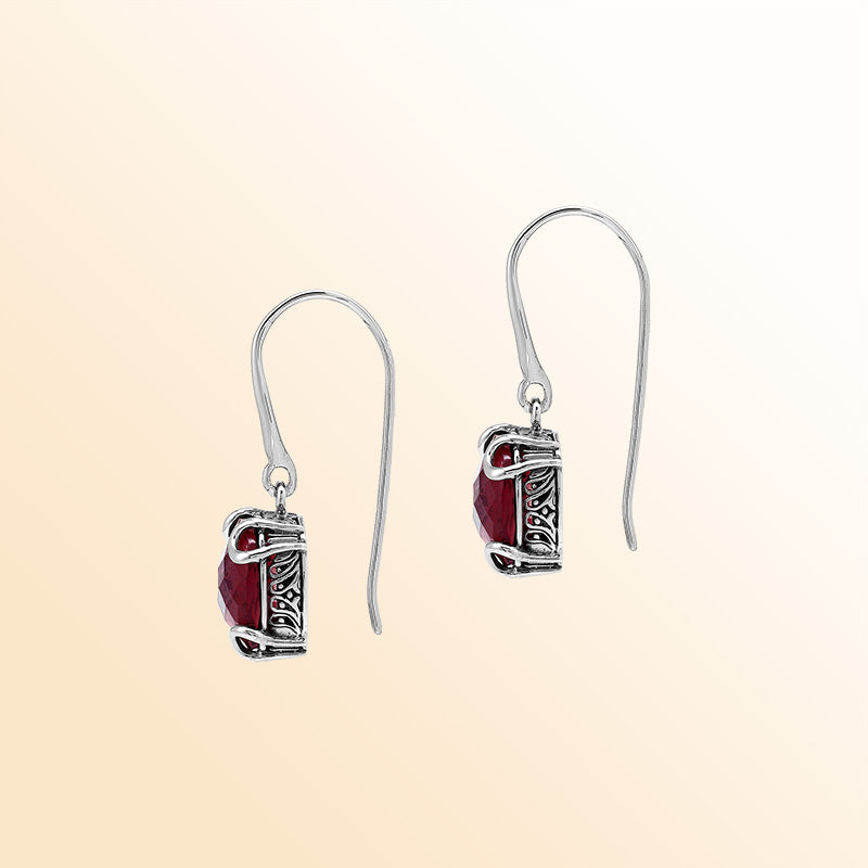 Elegant Sterling Silver Round Garnet Quartz Earrings With Artistic Scroll Prongs And Engraved Sides