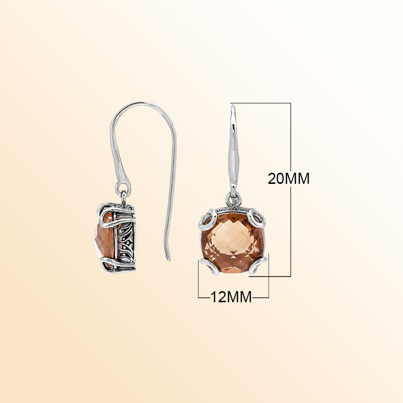 Elegant Sterling Silver Round Morganite Quartz Earrings With Artistic Scroll Prongs And Engraved Sides