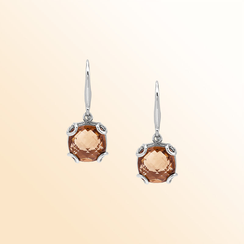 Elegant Sterling Silver Round Morganite Quartz Earrings With Artistic Scroll Prongs And Engraved Sides
