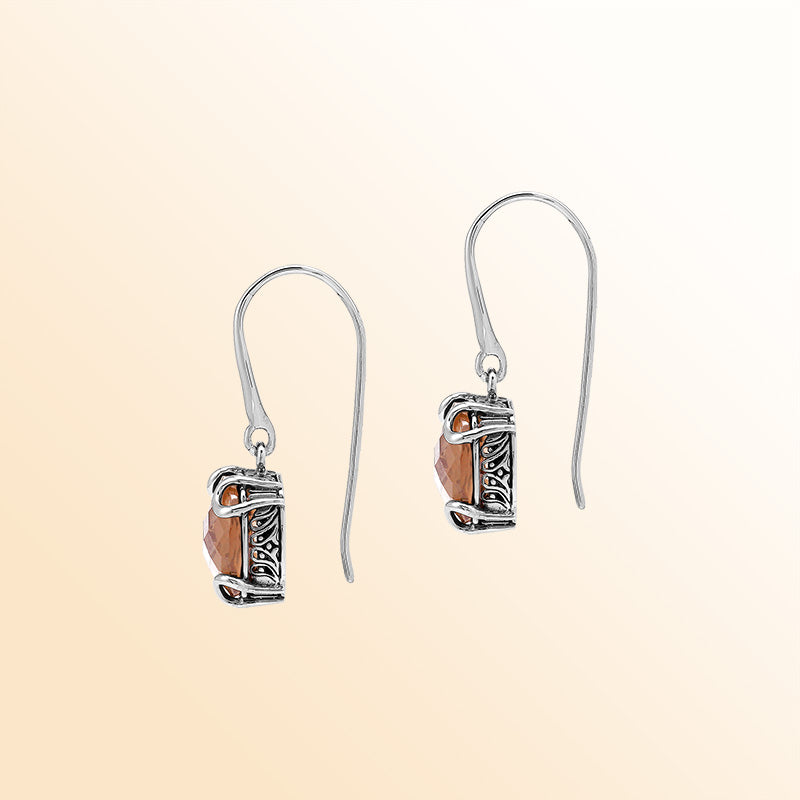 Elegant Sterling Silver Round Morganite Quartz Earrings With Artistic Scroll Prongs And Engraved Sides