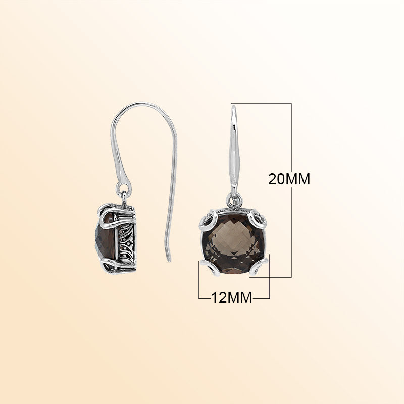 Elegant Sterling Silver Round Smokey Quartz Earrings With Artistic Scroll Prongs And Engraved Sides
