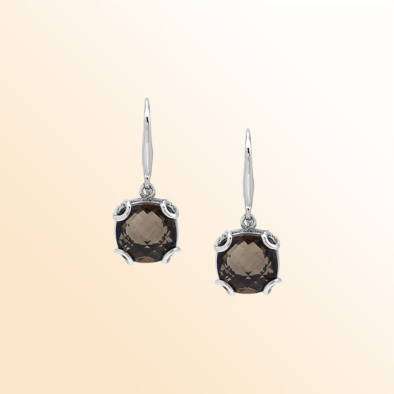 Elegant Sterling Silver Round Smokey Quartz Earrings With Artistic Scroll Prongs And Engraved Sides