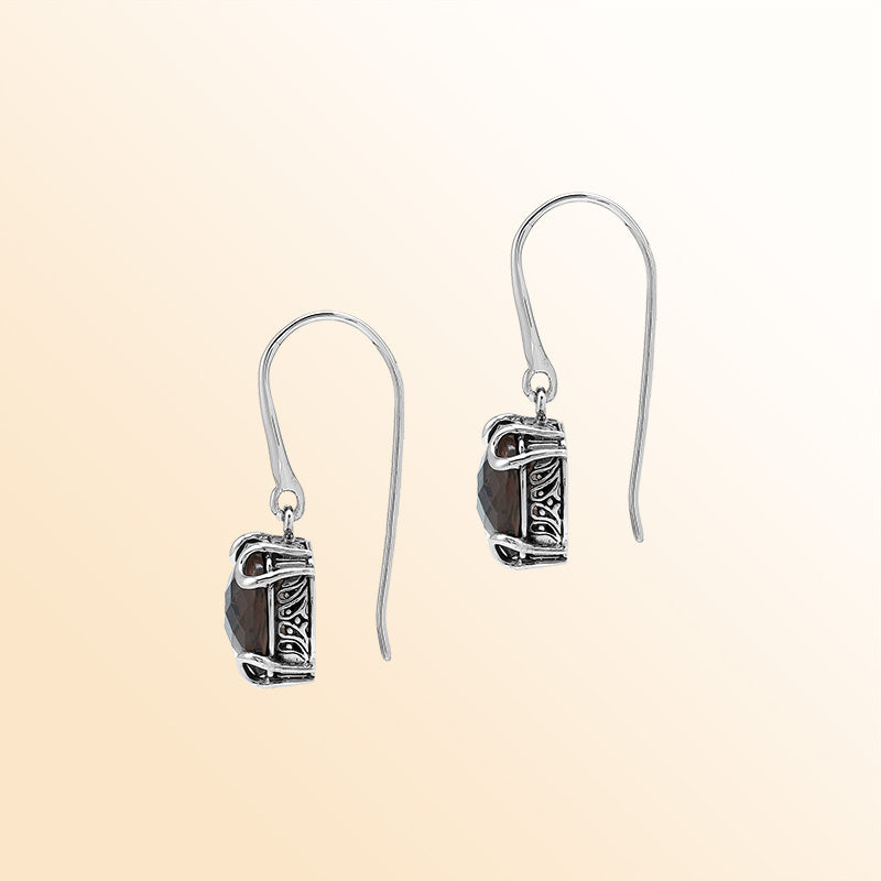 Elegant Sterling Silver Round Smokey Quartz Earrings With Artistic Scroll Prongs And Engraved Sides