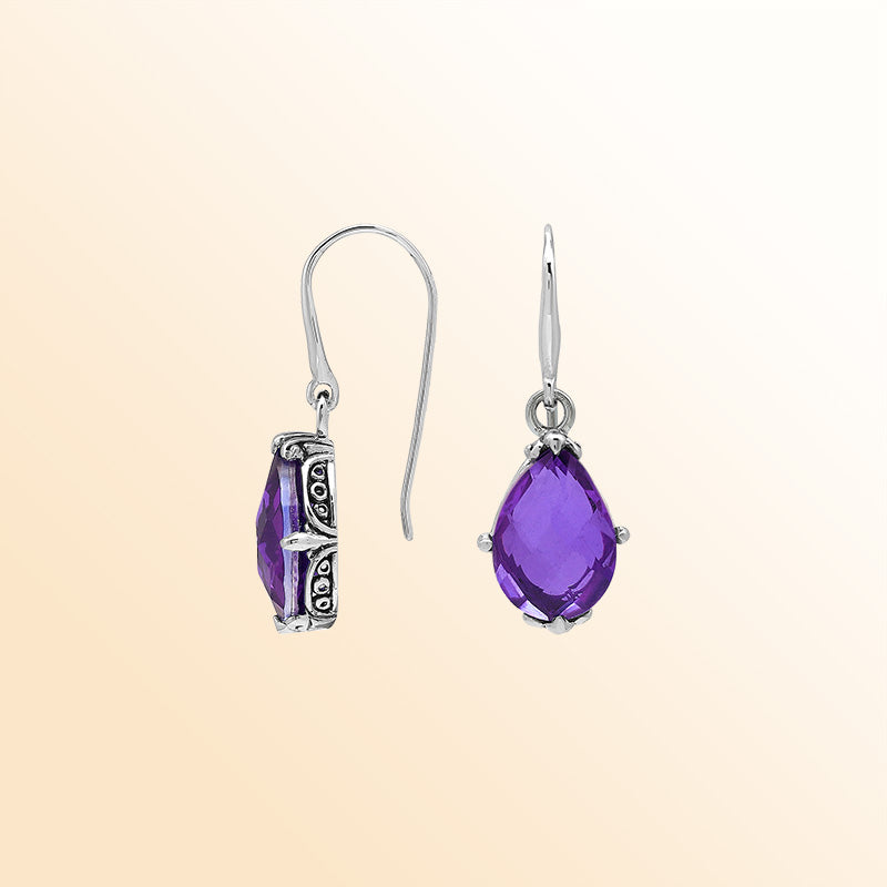 Sterling Silver Amethyst Quartz Teardrop Glow Earrings With Balinese Handcrafted Detailing.