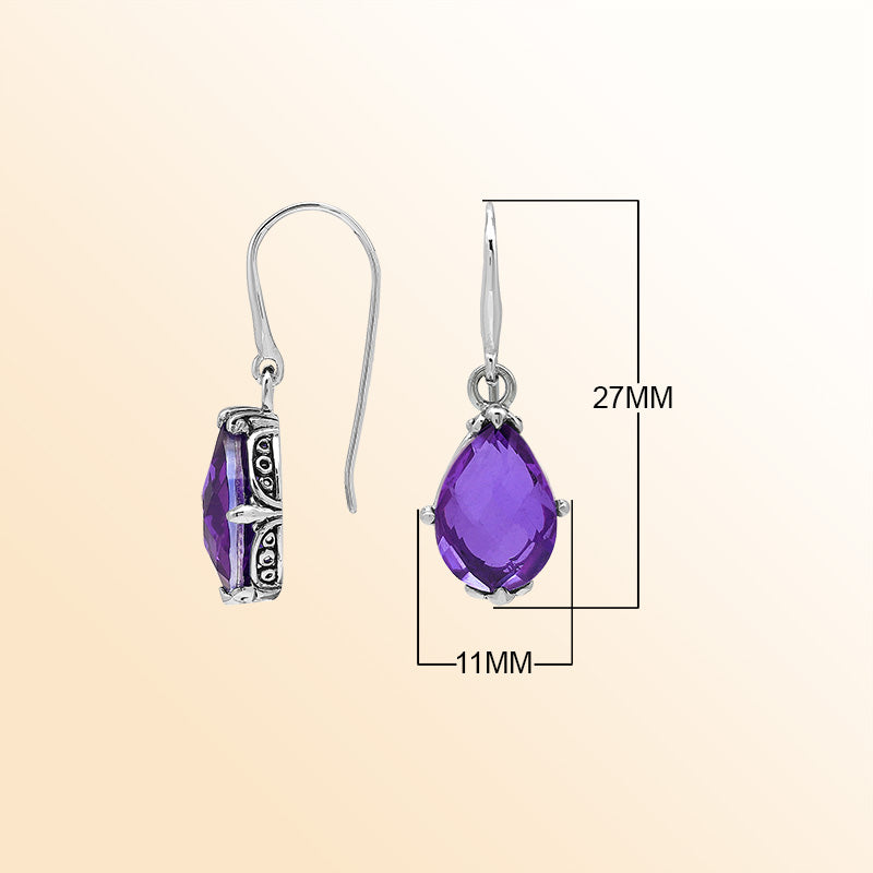 Sterling Silver Amethyst Quartz Teardrop Glow Earrings With Balinese Handcrafted Detailing.