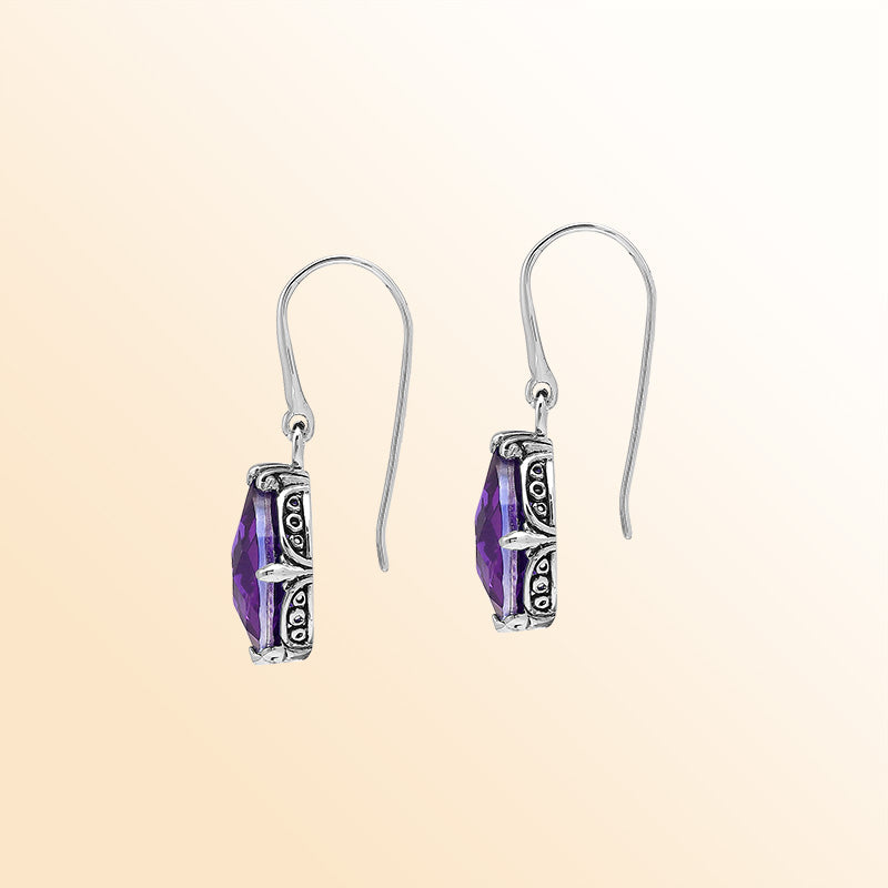 Sterling Silver Amethyst Quartz Teardrop Glow Earrings With Balinese Handcrafted Detailing.