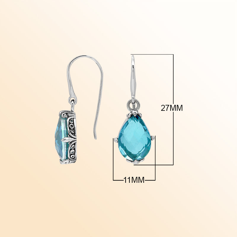 Sterling Silver Blue Topaz Quartz Teardrop Ocean Glow Earrings With Balinese Handcrafted Detailing.