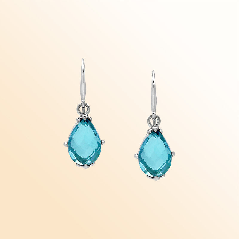 Sterling Silver Blue Topaz Quartz Teardrop Ocean Glow Earrings With Balinese Handcrafted Detailing.