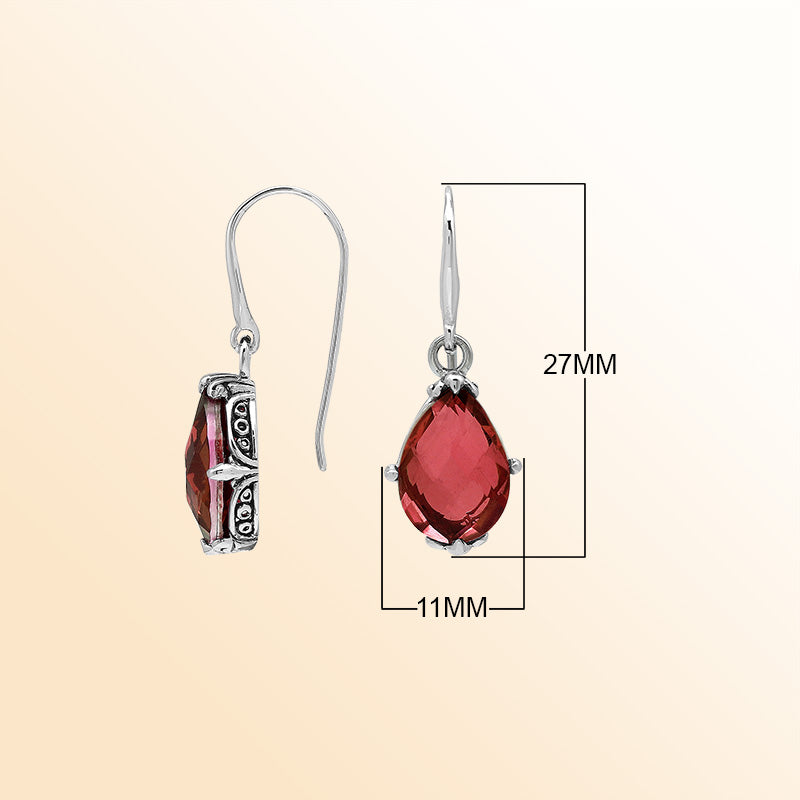 Sterling Silver Garnet Quartz Teardrop Crimson Glow Earrings With Handcrafted Balinese Detailing.