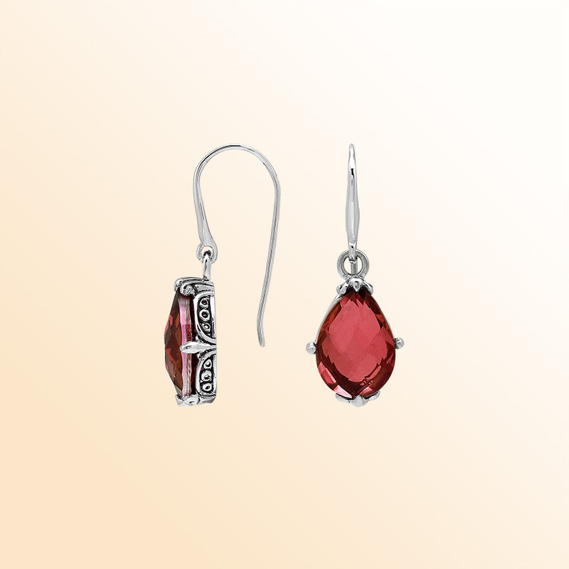 Sterling Silver Garnet Quartz Teardrop Crimson Glow Earrings With Handcrafted Balinese Detailing.