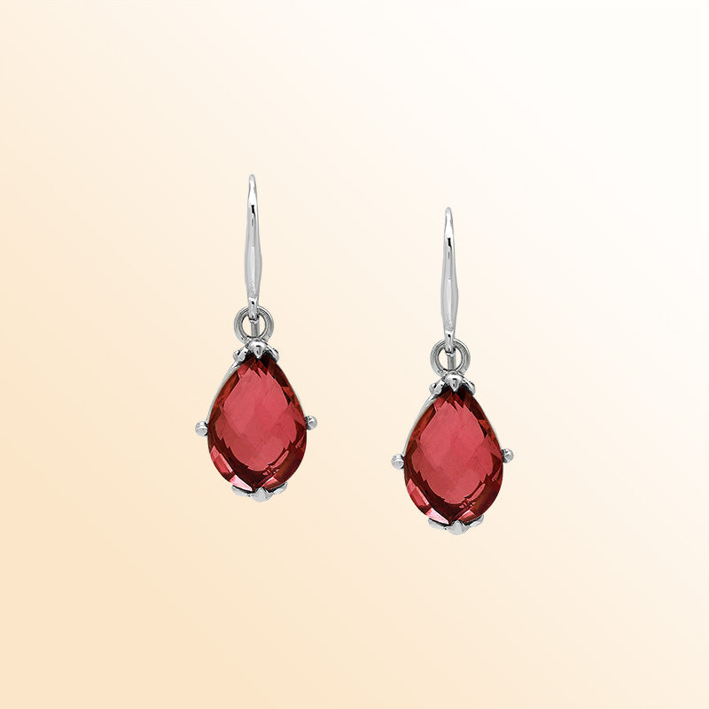 Sterling Silver Garnet Quartz Teardrop Crimson Glow Earrings With Handcrafted Balinese Detailing.