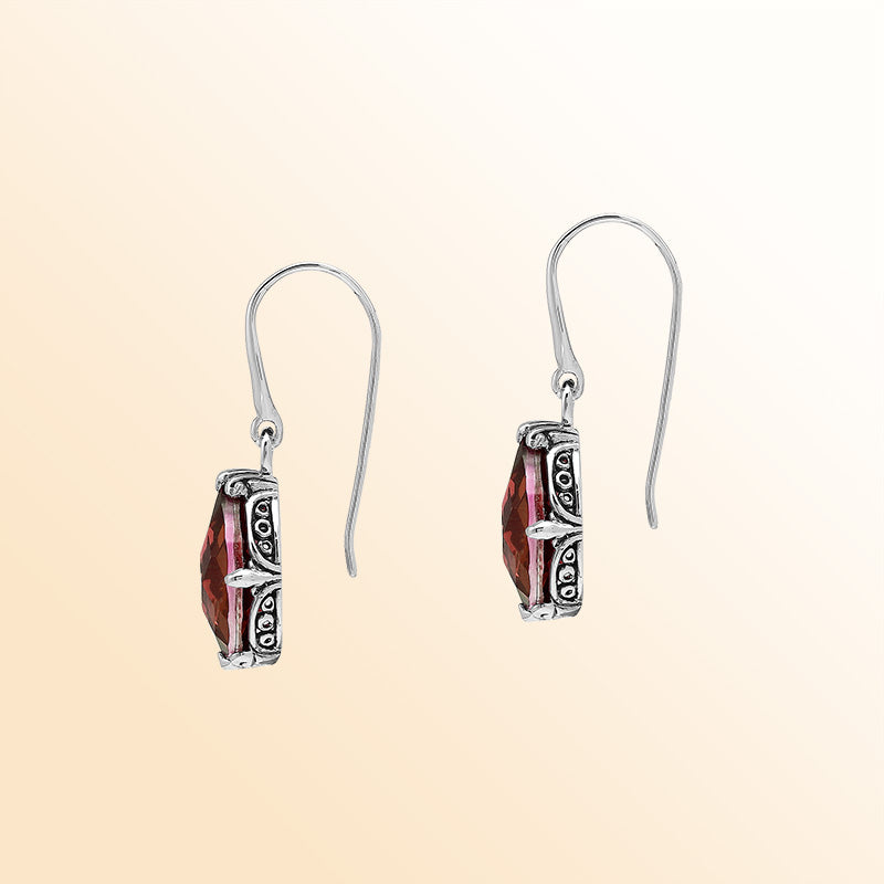 Sterling Silver Garnet Quartz Teardrop Crimson Glow Earrings With Handcrafted Balinese Detailing.