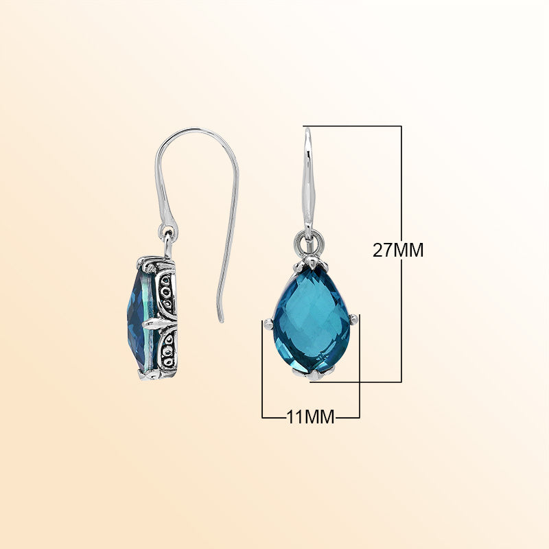 Sterling Silver London Blue Topaz Quartz Teardrop Midnight Glow Earrings With Balinese Handcrafted Detailing.