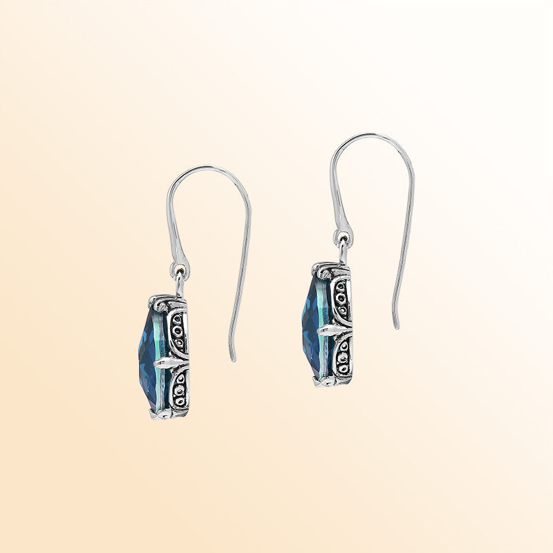 Sterling Silver London Blue Topaz Quartz Teardrop Midnight Glow Earrings With Balinese Handcrafted Detailing.