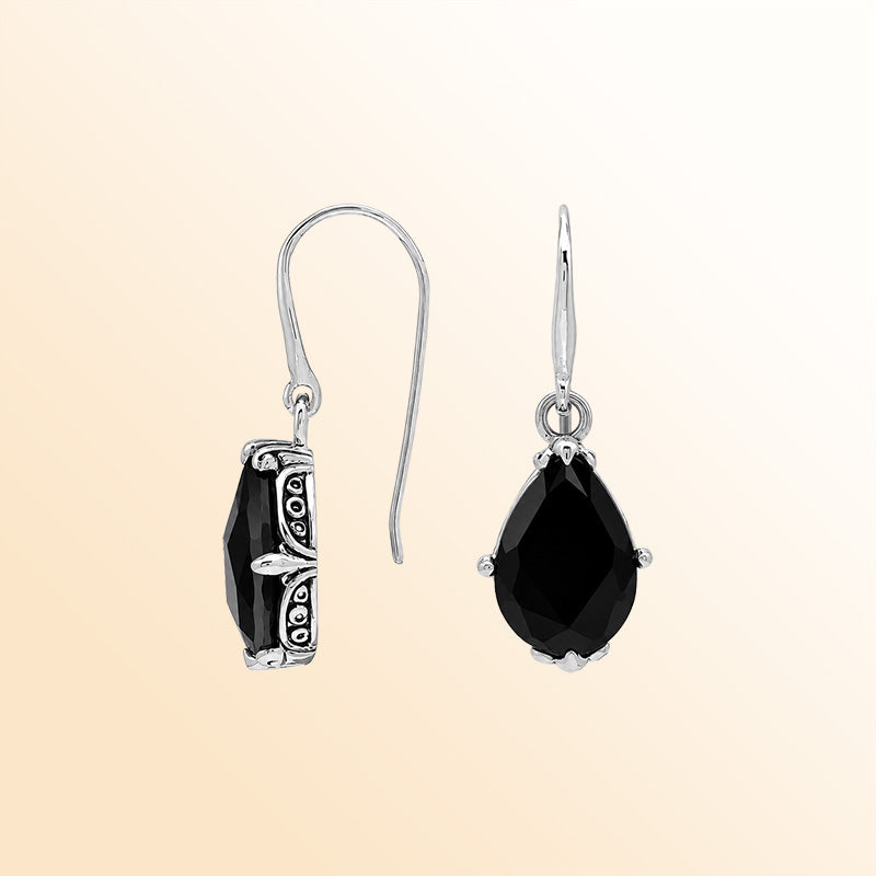 Vintage sterling silver Black Onyx dangle earrings with handcrafted Balinese artisan detailing