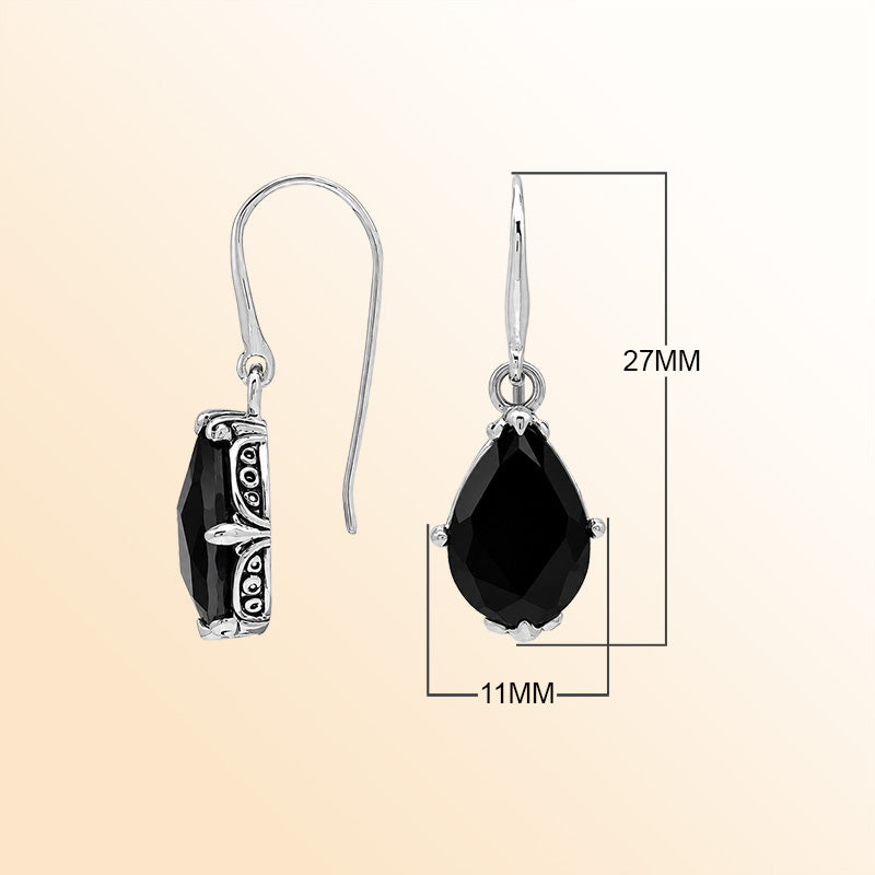 Vintage sterling silver Black Onyx dangle earrings with handcrafted Balinese artisan detailing