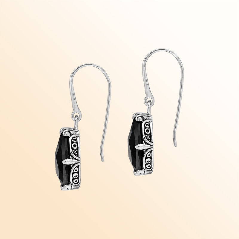 Vintage sterling silver Black Onyx dangle earrings with handcrafted Balinese artisan detailing