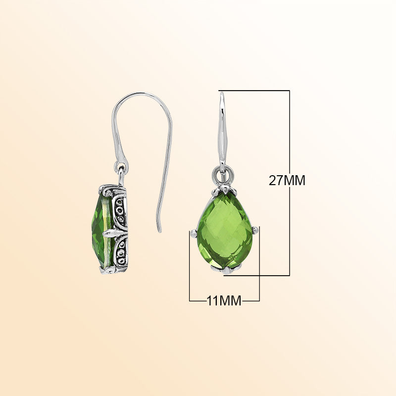 Sterling Silver Peridot Quartz Teardrop Fresh Leaf Glow Earrings With Balinese Handcrafted Detailing.