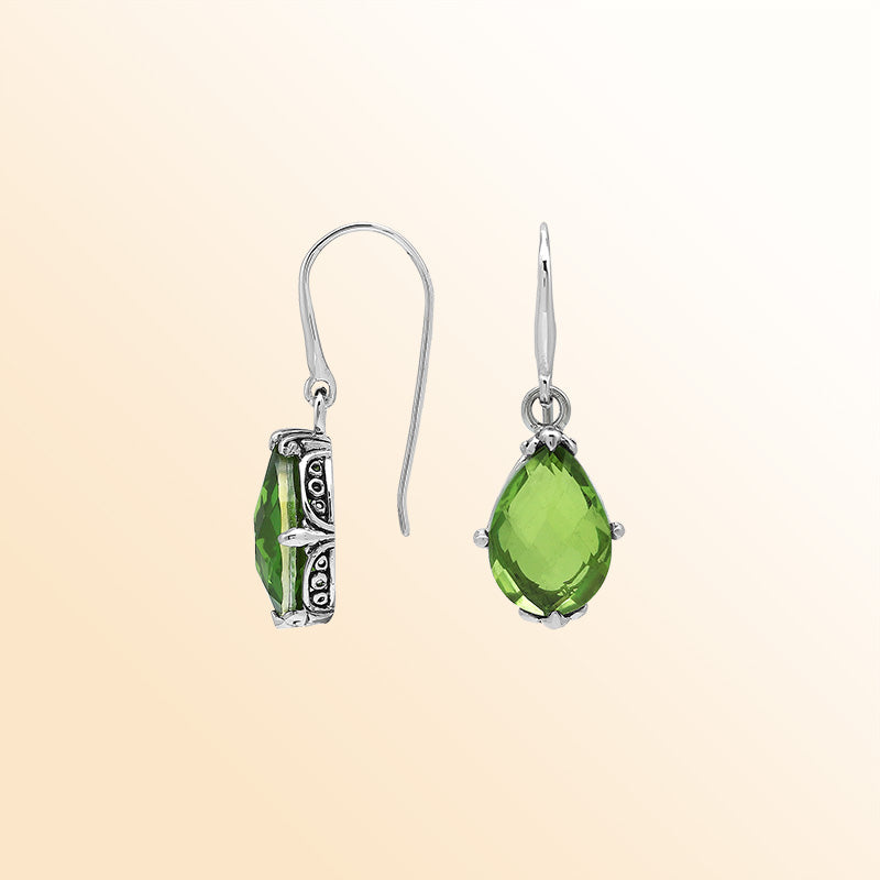 Sterling Silver Peridot Quartz Teardrop Fresh Leaf Glow Earrings With Balinese Handcrafted Detailing.
