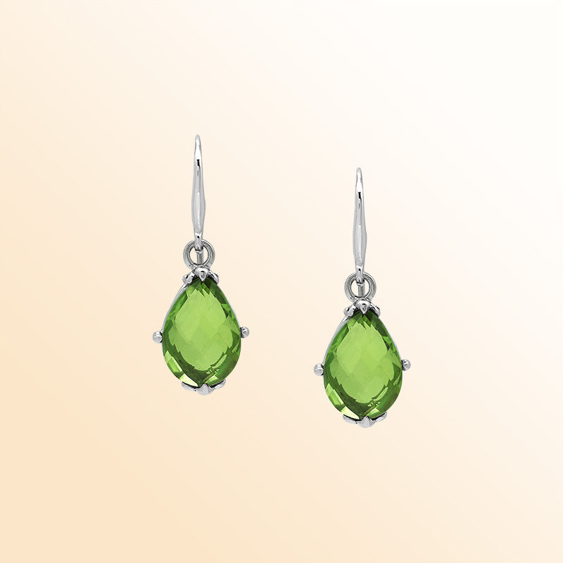Sterling Silver Peridot Quartz Teardrop Fresh Leaf Glow Earrings With Balinese Handcrafted Detailing.