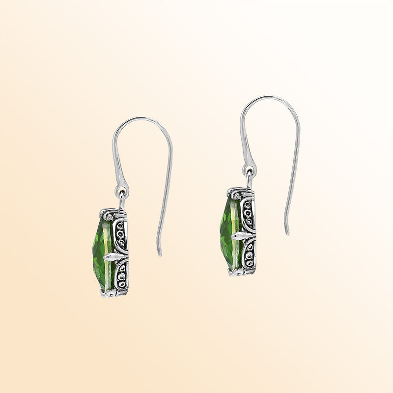 Sterling Silver Peridot Quartz Teardrop Fresh Leaf Glow Earrings With Balinese Handcrafted Detailing.