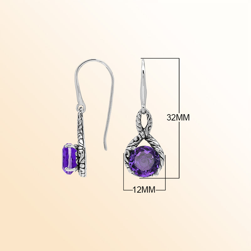 Sterling Silver Amethyst Quartz Round Infinity Harmony Earrings With Balinese Handcrafted Detailing.