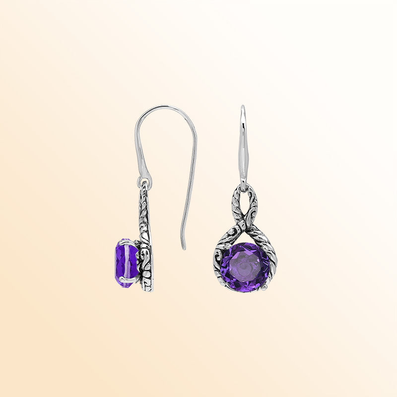 Sterling Silver Amethyst Quartz Round Infinity Harmony Earrings With Balinese Handcrafted Detailing.