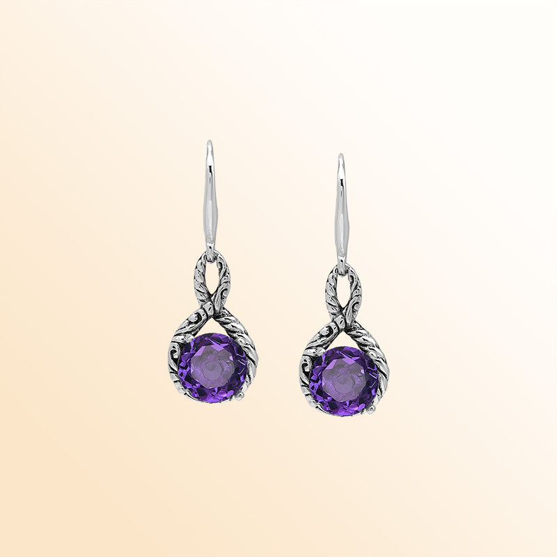 Sterling Silver Amethyst Quartz Round Infinity Harmony Earrings With Balinese Handcrafted Detailing.