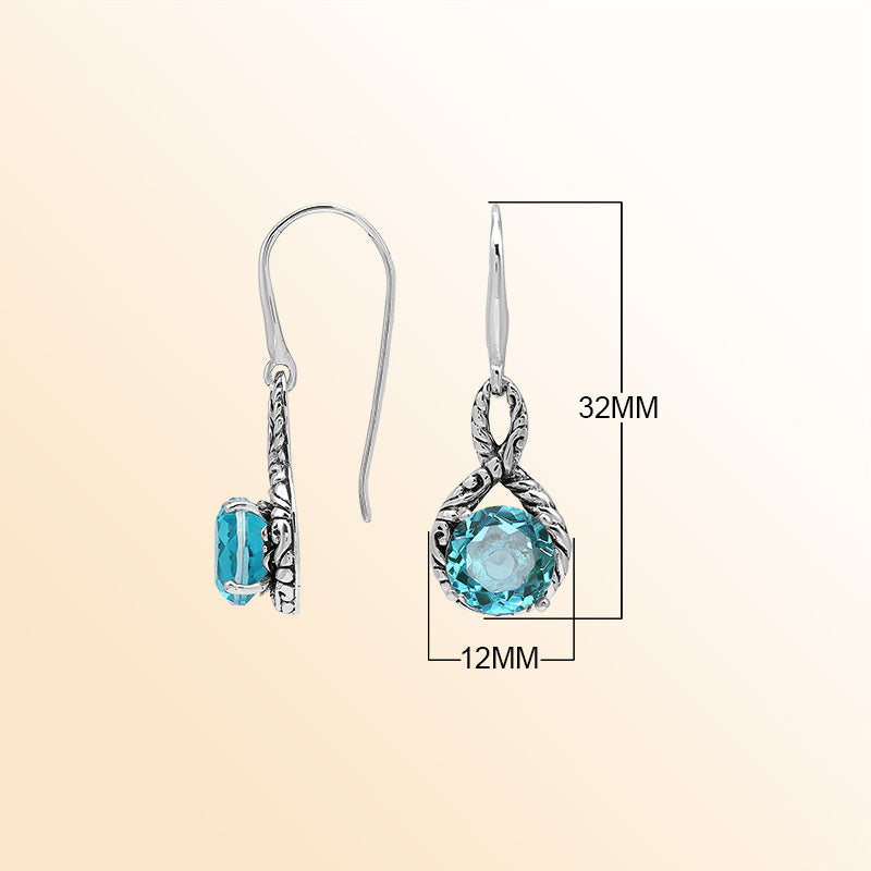 Sterling Silver Blue Topaz Quartz Round Infinity Ocean Harmony Earrings With Balinese Handcrafted Detailing.