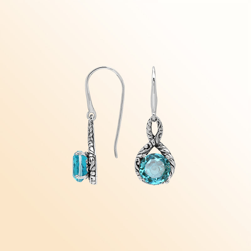 Sterling Silver Blue Topaz Quartz Round Infinity Ocean Harmony Earrings With Balinese Handcrafted Detailing.