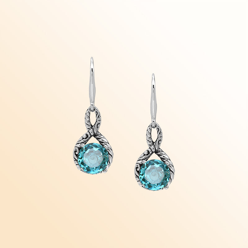 Sterling Silver Blue Topaz Quartz Round Infinity Ocean Harmony Earrings With Balinese Handcrafted Detailing.