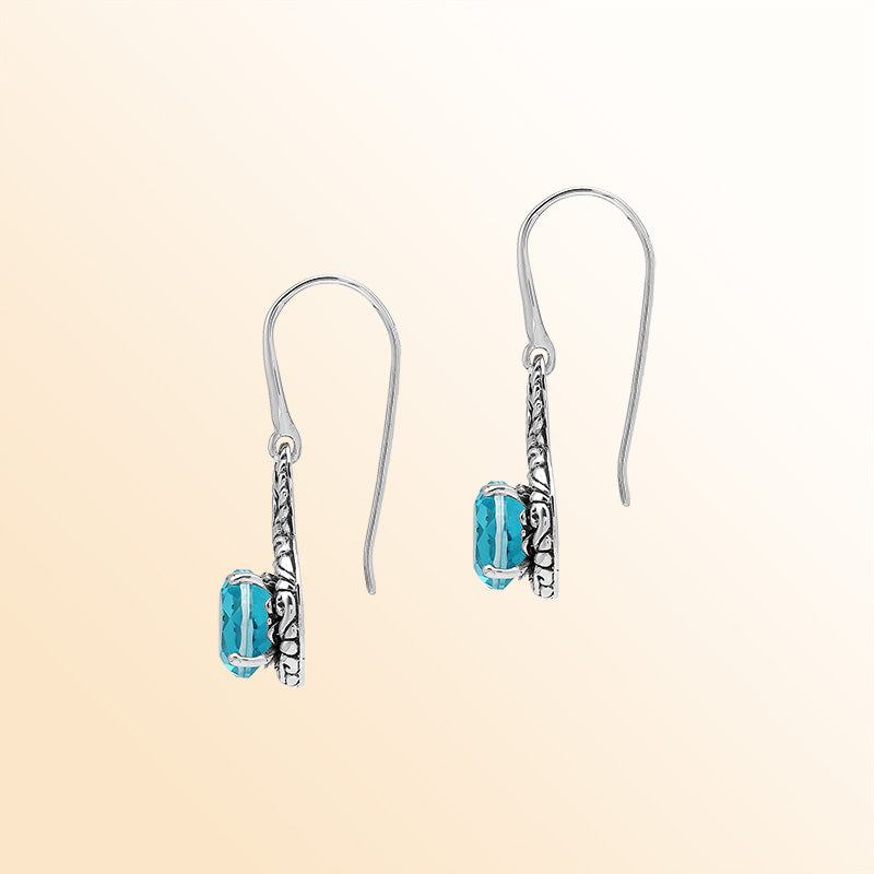 Sterling Silver Blue Topaz Quartz Round Infinity Ocean Harmony Earrings With Balinese Handcrafted Detailing.