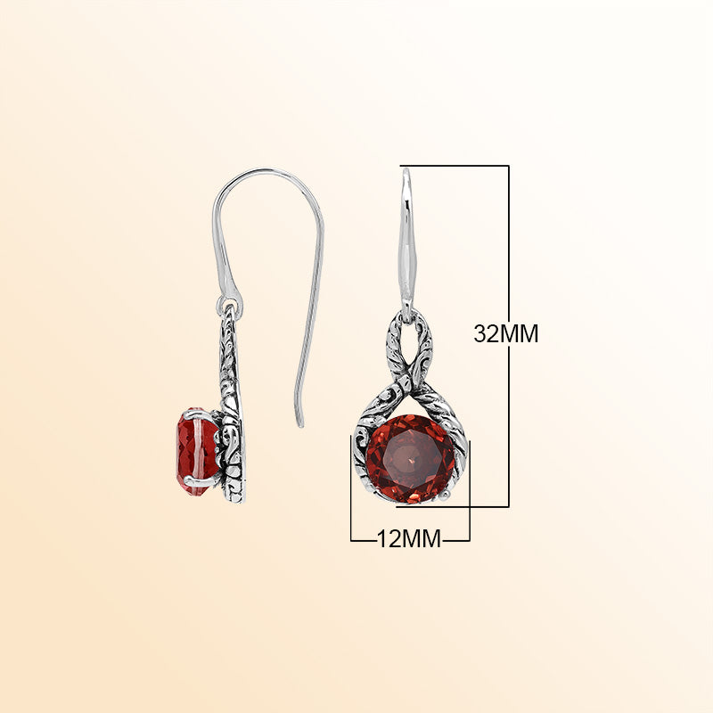 Sterling Silver Garnet Quartz Round Infinity Ember Harmony Earrings With Balinese Handcrafted Detailing.