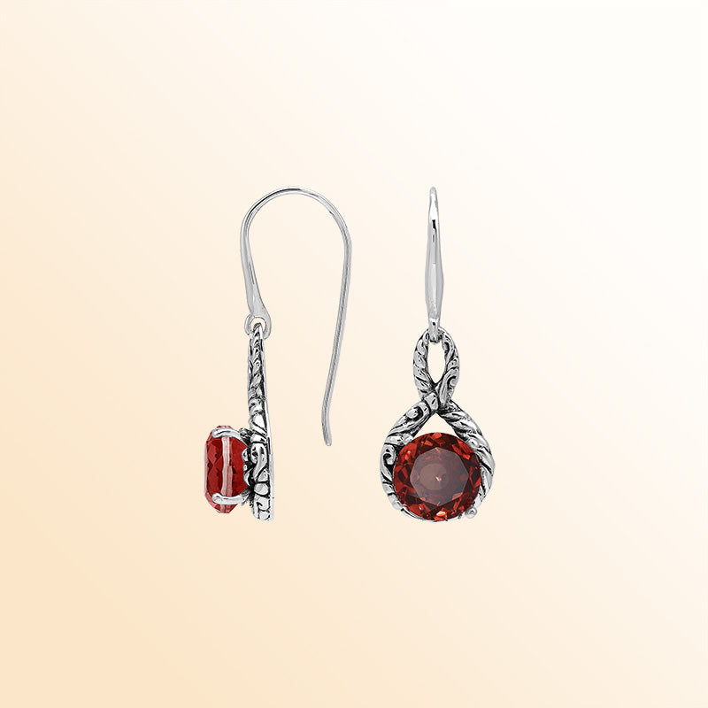 Sterling Silver Garnet Quartz Round Infinity Ember Harmony Earrings With Balinese Handcrafted Detailing.
