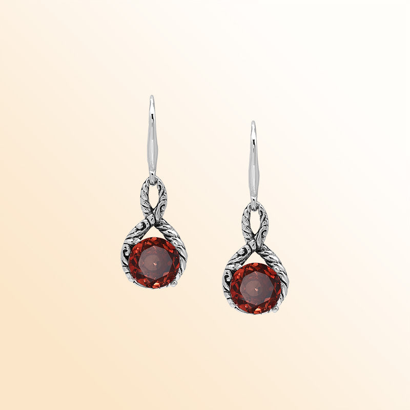 Sterling Silver Garnet Quartz Round Infinity Ember Harmony Earrings With Balinese Handcrafted Detailing.