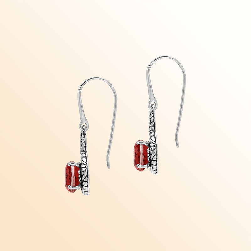 Sterling Silver Garnet Quartz Round Infinity Ember Harmony Earrings With Balinese Handcrafted Detailing.